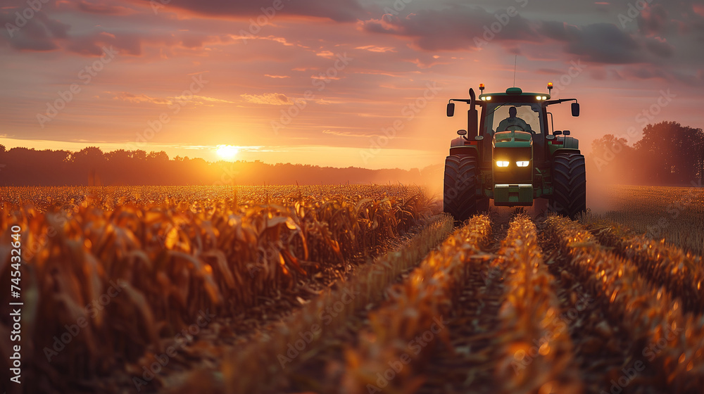 Fototapeta premium green tractor cultivating corn fields with added dirt road