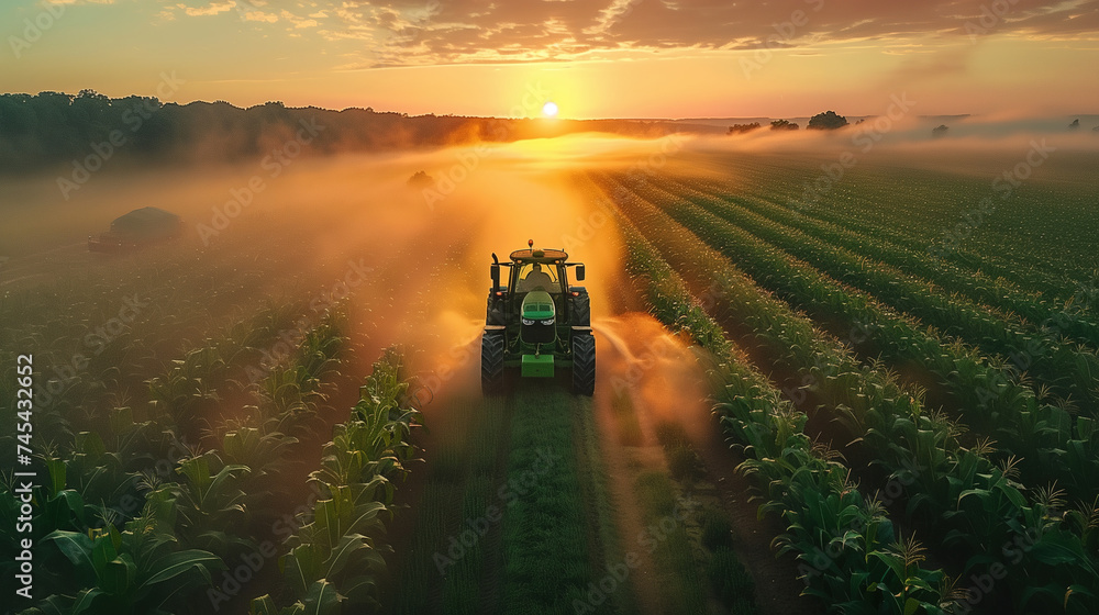 Fototapeta premium green tractor cultivating corn fields with added dirt road
