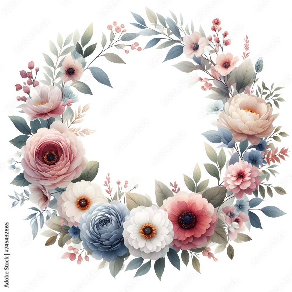 Watercolor Floral Wreath on a White Backdrop