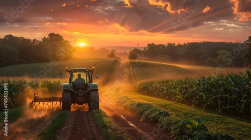 green tractor cultivating corn fields with added dirt road photo