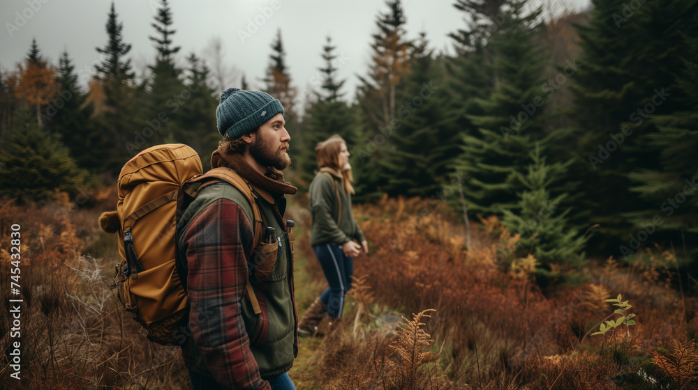 A young couple hiking in the forest.