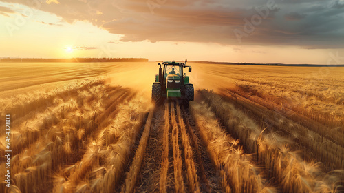 green tractor cultivating wheat fields with added dirt road