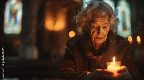 Mulher idosa fazendo uma oferenda religiosa em seu pequeno altar com símbolos e ornamentação cultural tradicionais photo