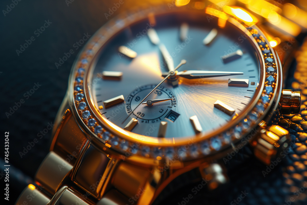 studio photography, a picture of a gold classic women's watch with small diamonds on wrist, soft, softbox lightning, copy space for text studio photography, a picture of a gold classic women's watch with small diamonds on wrist, soft, softbox lightning, copy space for text