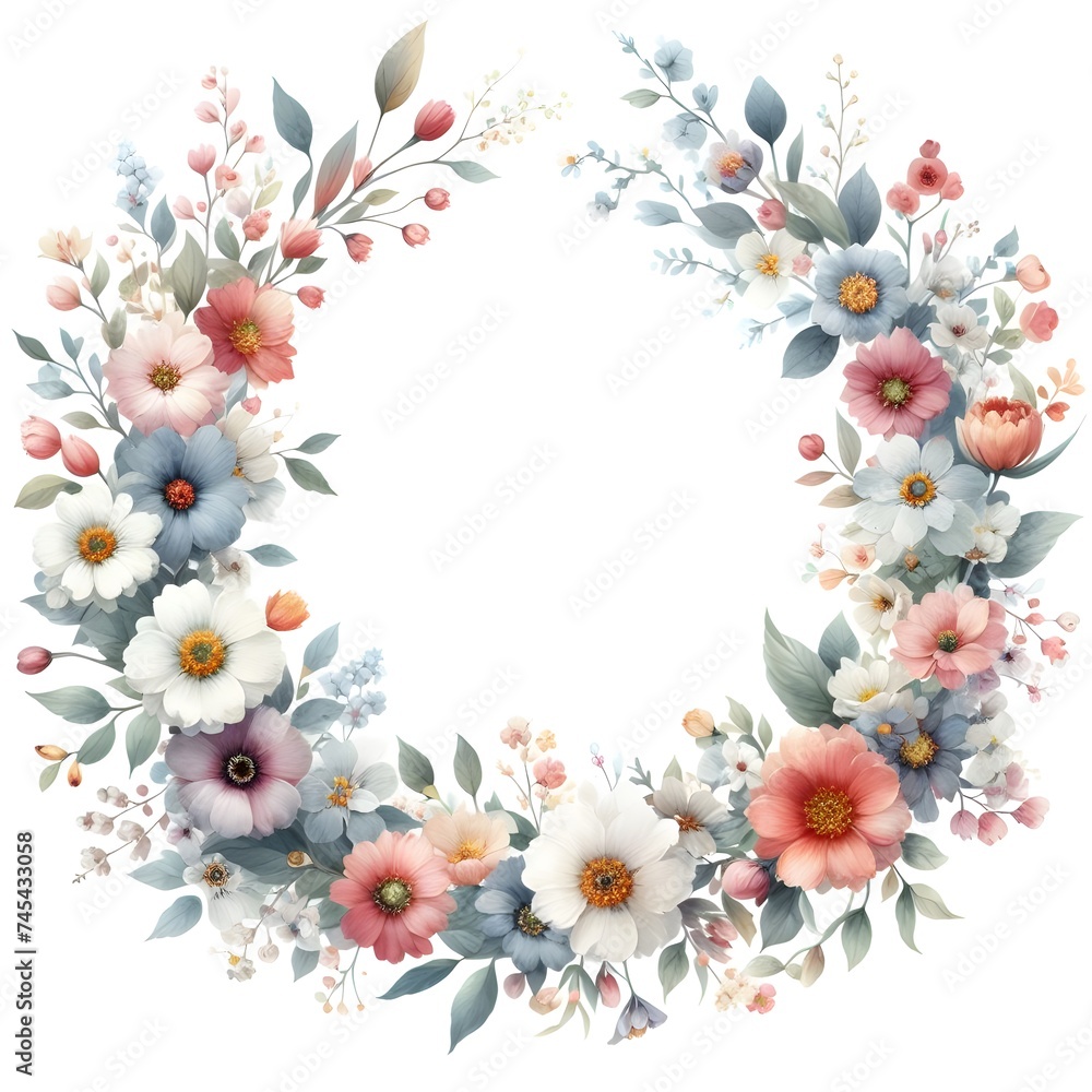 White Landscape with Watercolor Flower Wreath