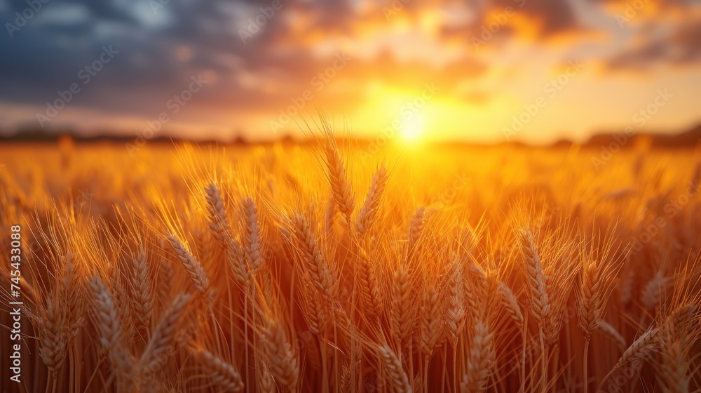  a field of wheat at sunset with the sun shining through the clouds and the sun peeking through the clouds in the distance, with the sun shining through the wheat.