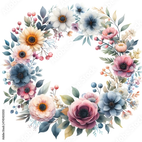 Watercolor Floral Wreath on White