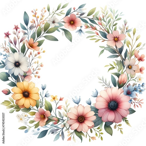 Watercolor Flower Circle on White