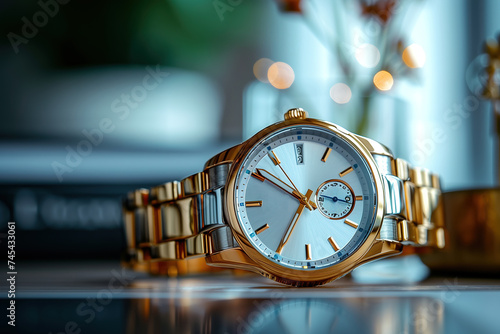 studio photography, a picture of a gold classic women's watch with small diamonds on wrist, soft, softbox lightning, copy space for text