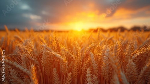  a field of wheat at sunset with the sun shining through the clouds and the sun shining through the clouds in the distance, with a bright orange glow from the center of the.