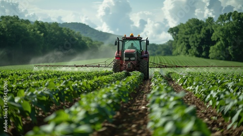 Tractor Spraying Pesticides at Soy Bean Field