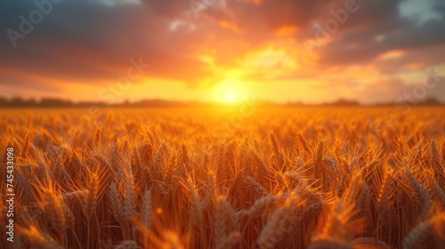  a sunset over a wheat field with the sun shining down on the field and the clouds in the sky over the field are dark blue and yellow, and orange.