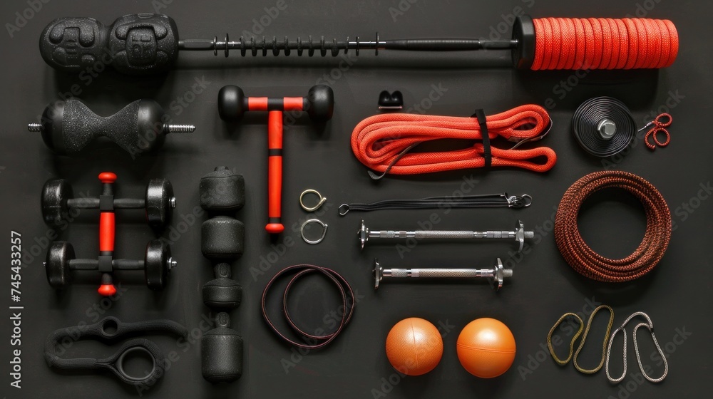 Top view of sports equipment arranged on a white wooden background, serving as motivation Top view of sports equipment arranged on a white wooden background, serving as motivation