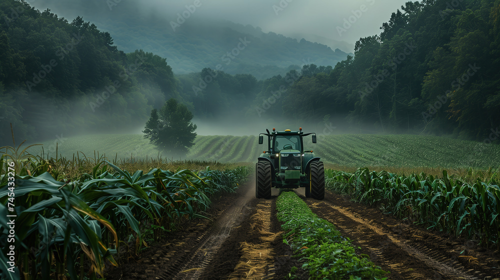 green tractor cultivating corn fields with added dirt road - obrazy, fototapety, plakaty 