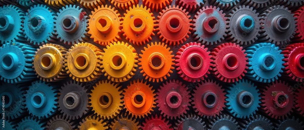 a group of colorful gears sitting next to each other on top of a wall of orange, red, blue, and yellow gears on top of each other gears. a group of colorful gears sitting next to each other on top of a wall of orange, red, blue, and yellow gears on top of each other gears.