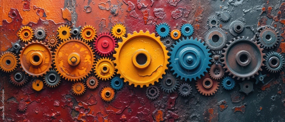 a group of different colored gears on a red, orange, yellow and black piece of art that appears to be part of a piece of a piece of art. a group of different colored gears on a red, orange, yellow and black piece of art that appears to be part of a piece of a piece of art.