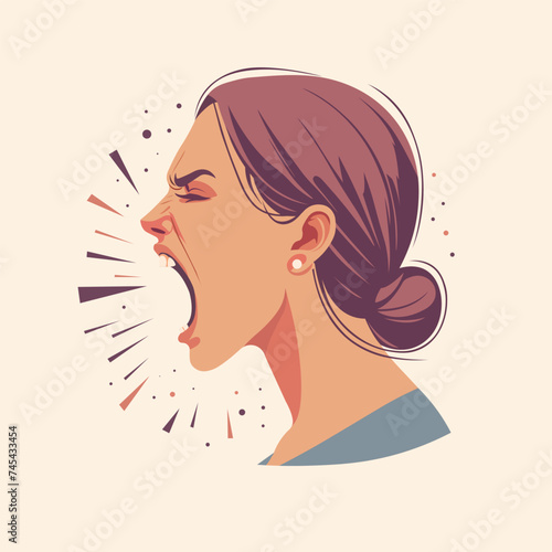 Angry screaming woman side profile. Head of a stressed girl. Vector illustration