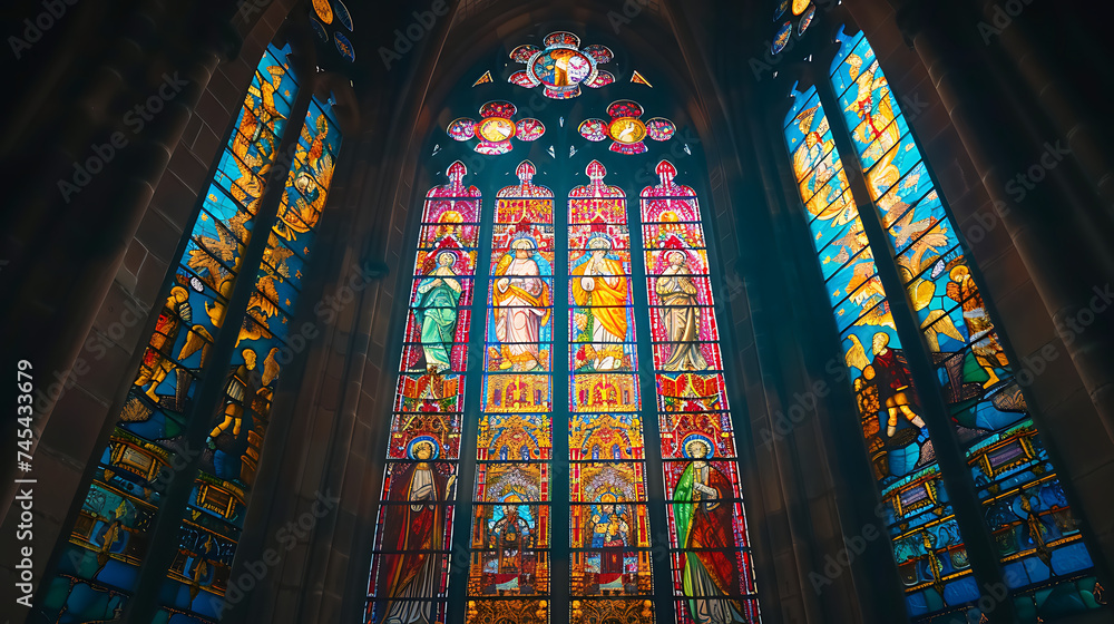 Vívida e Intrincada Vitral Religioso Capturado em Closeup com Lente de 50mm em Igreja