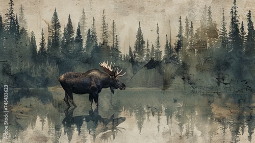 Collage with a B&W photo of Canadian wildlife like a moose or bear, set in a forest backdrop with earthy tones and deep greens.