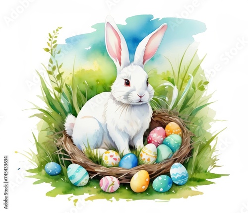 Adorable Easter Bunny with Vibrant Colorful Easter Eggs in the meadow grass  Watercolor Painting Illustration