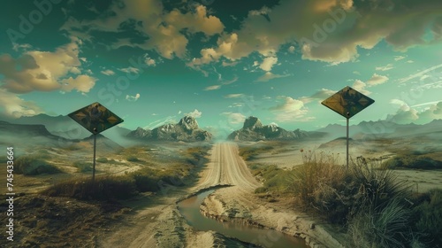 In a surreal landscape, a road splits into two distinct paths, with a signpost displaying arrows indicating left and right directions. Imagery symbolizes a difficult decision and the concept of choice photo