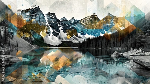 Collage featuring a B&W photo of the Canadian Rockies, with icy blues and forest greens, highlighting the grandeur of Canada's wilderness.