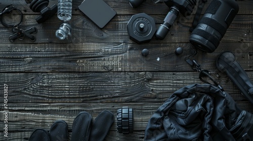 Top view of black and grey fitness accessories on a wooden background, including dumbbells, weight plates, gloves, a sports watch, a music player, and a water bottle photo