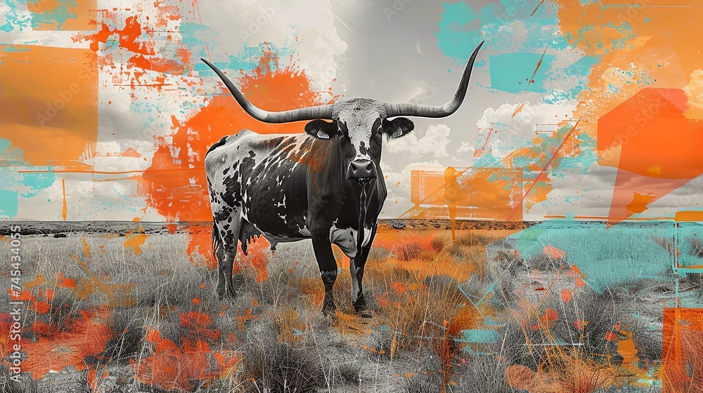 Collage with a B&W photo of Texas plains and longhorn cattle, accented by burnt orange and deep blue for sunsets and clear skies.