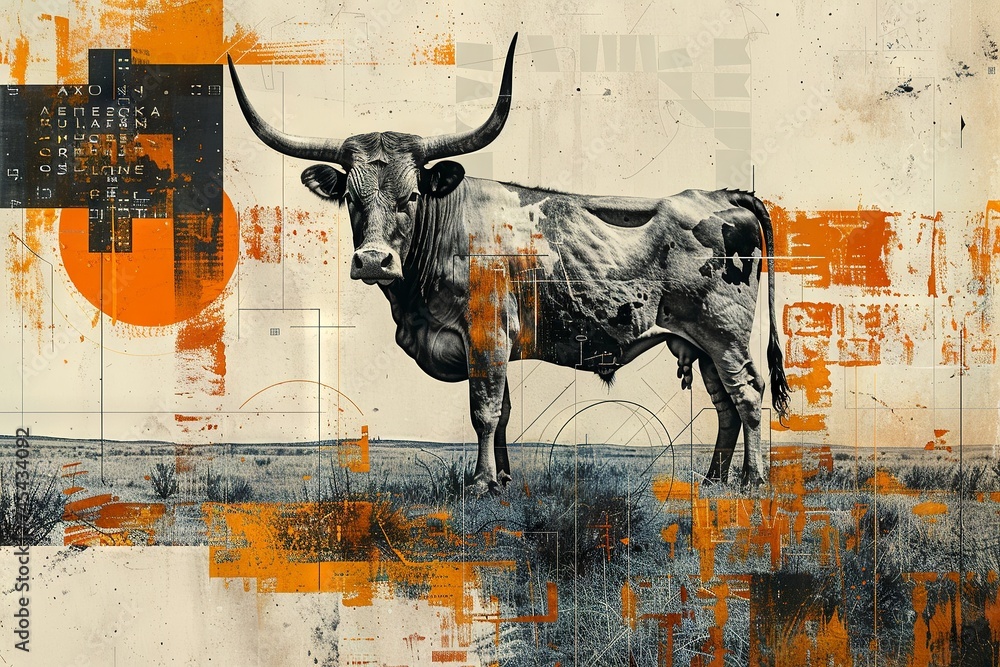 Collage with a B&W photo of Texas plains and longhorn cattle, accented by burnt orange and deep blue for sunsets and clear skies.