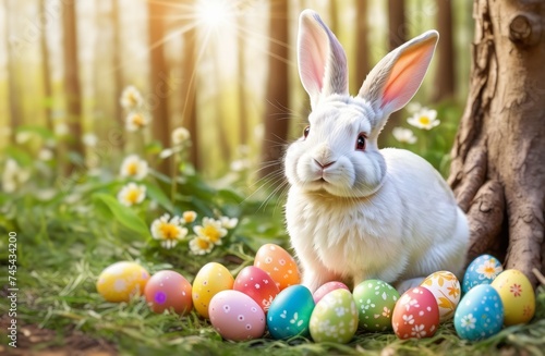 Easter Bunny with Painted Easter Eggs in the Fresh Spring Forest  Festive in the Nature Illustration