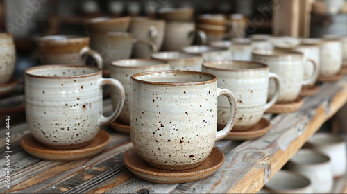 Rustic speckled pottery on wooden table