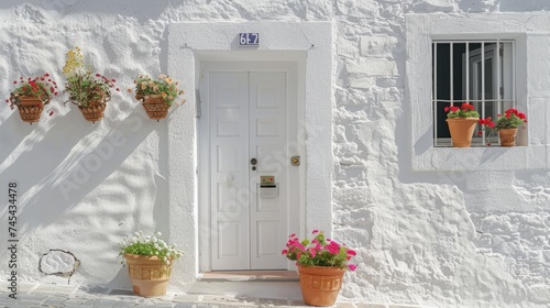 A white front door adorned with small square decorative windows and flanked by flower pots