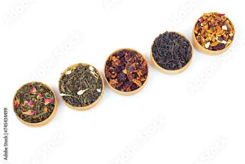 different types of tea on a white background. a kind of delicious fruit tea.