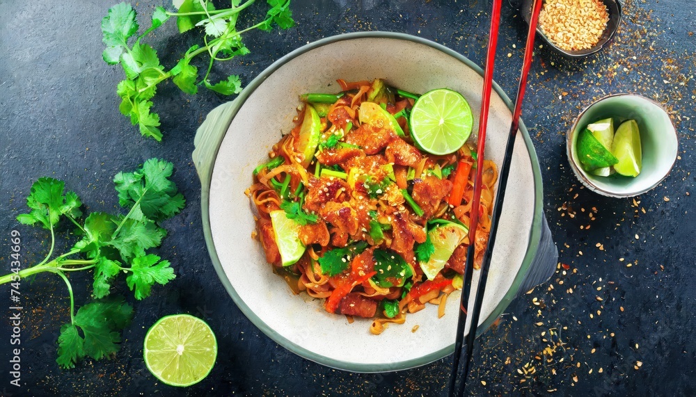 From above of Asian spicy wok stir fried dish with meat and zucchini garnished with fresh