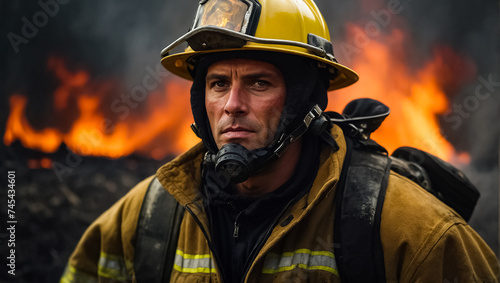 Portrait of a serious male firefighter outdoors