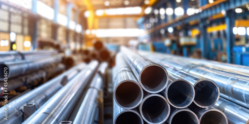 Stacks of steel pipes in an industrial warehouse with a blurred background of the factory interior.