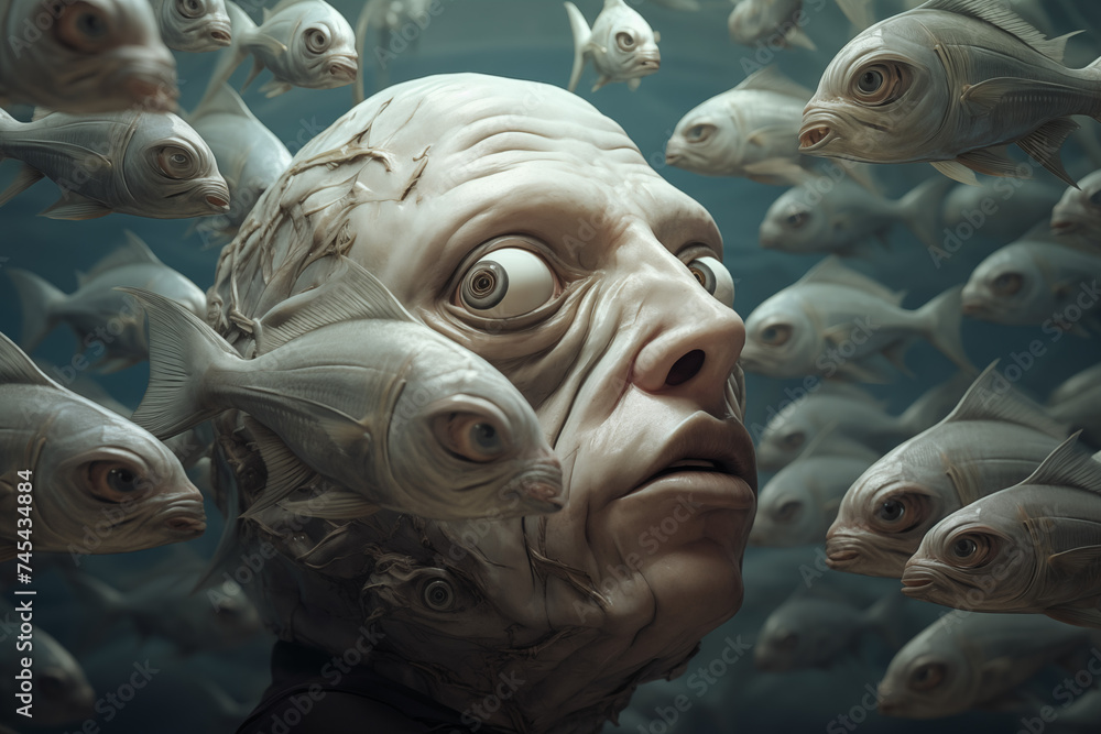 Surreal vision of a human fish mind. AI Generative.
