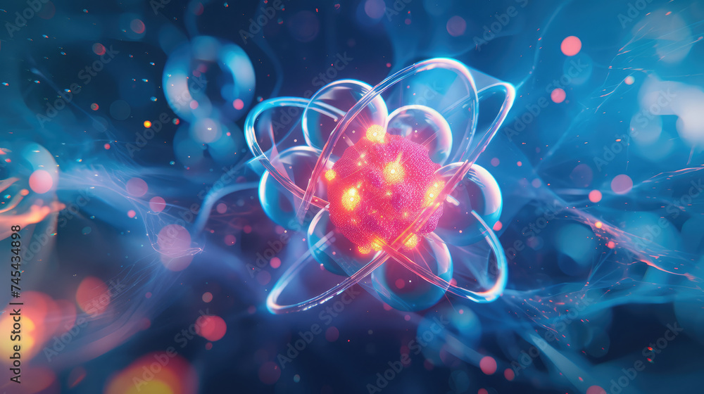 Artistic representation of an atom with glowing electrons and a nucleus, symbolizing atomic energy and science.

 - obrazy, fototapety, plakaty 