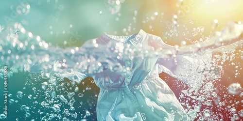 Cleaning clothes. Washing machine or detergent liquid with floating clothes underwater with bubbles and wet splashes photo