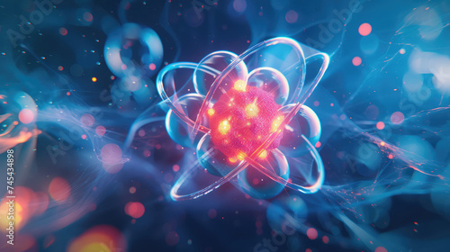 Artistic representation of an atom with glowing electrons and a nucleus, symbolizing atomic energy and science.