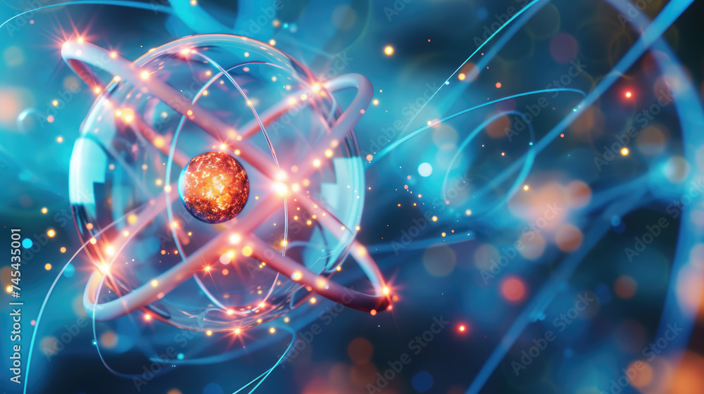 Artistic representation of an atom with glowing electrons and a nucleus ...