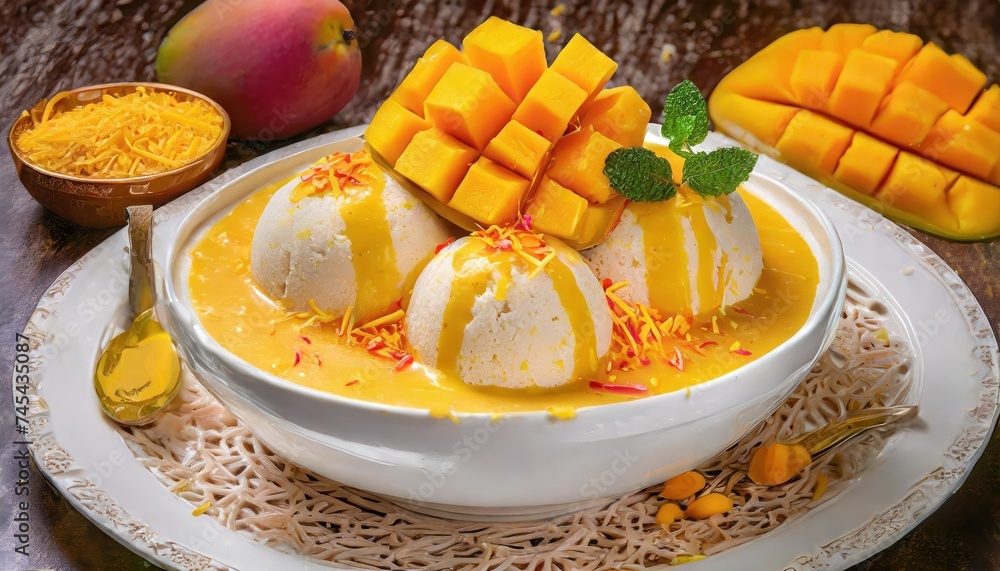 Mango Kulfi served with chopped mango Mango Kulfi served with chopped mango