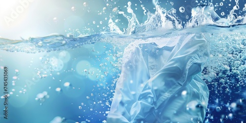 Cleaning clothes. Washing machine or detergent liquid with floating clothes underwater with bubbles and wet splashes