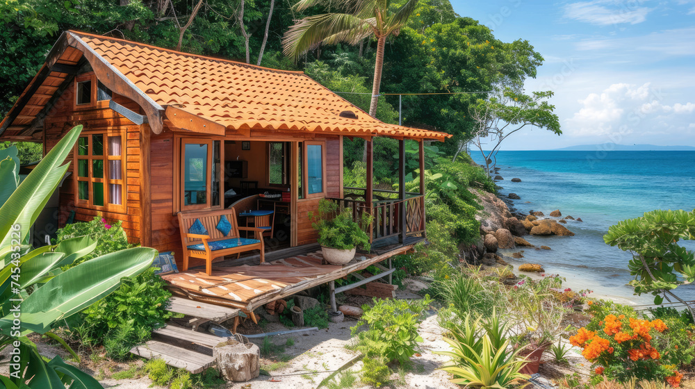 A quaint wooden cabin with a porch overlooking a scenic tropical beach with lush greenery.