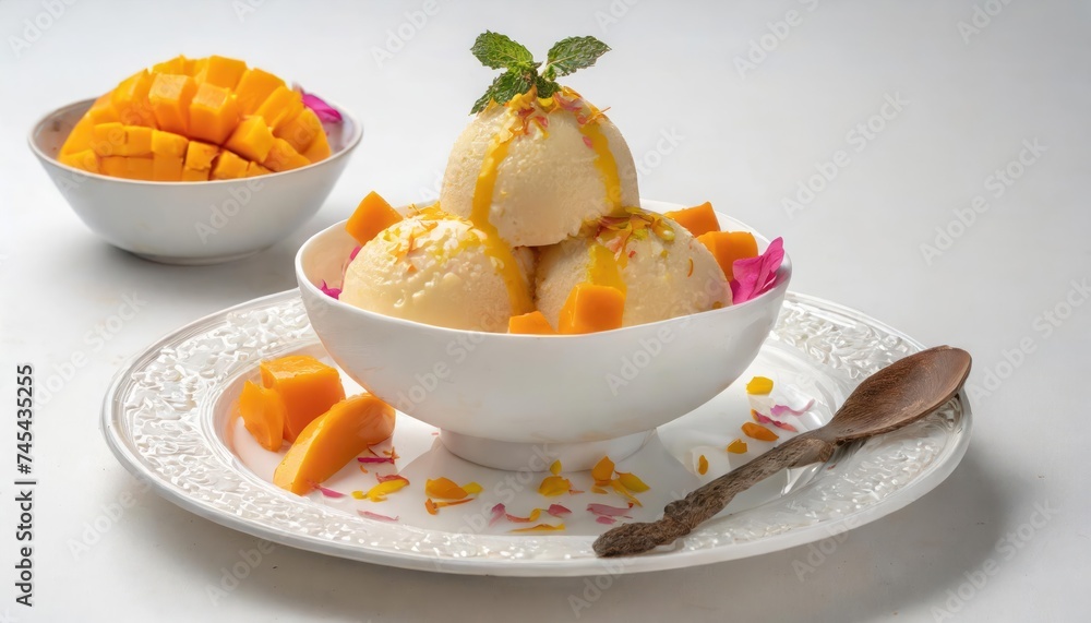 Mango Kulfi served with chopped mango Mango Kulfi served with chopped mango