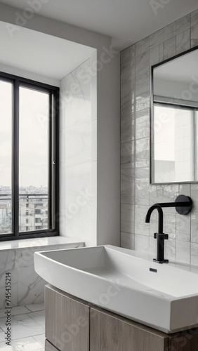 A black sink and matte-finish black faucet contrast with gray surfaces made of porcelain slabs that mimic the look of natural stones in black and white tones. 