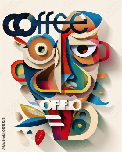 Abstract cubistic simple and cartoonish character, text "coffee" coffee cup, cut out like paper collage, shapes make up eyes mouth, and each shape drops shadow to background . Ironic funny poster.