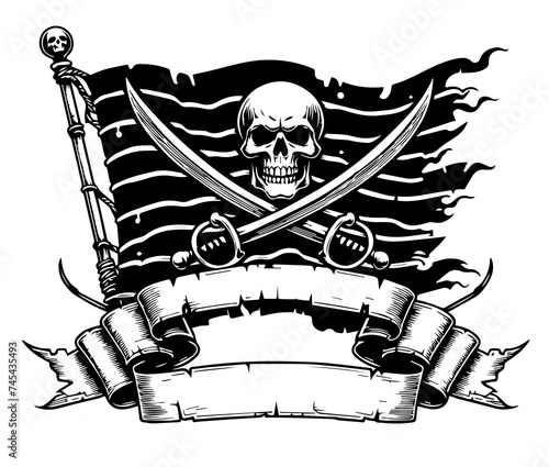 Bandiera pirata con teschio, spade e striscione. Generative AI photo