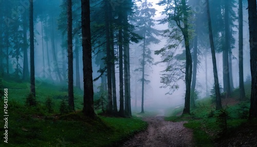 Panorama of foggy forest. Fairy tale spooky looking woods in a misty day. Cold foggy morning