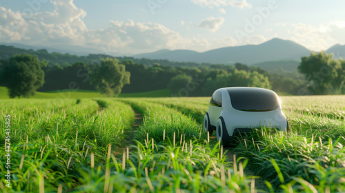 A self-driving car embarks on a path across verdant countryside bathed in morning light.White unmanned electric car of the future.Environmental protection concept, refusal of gasoline cars. Copy space